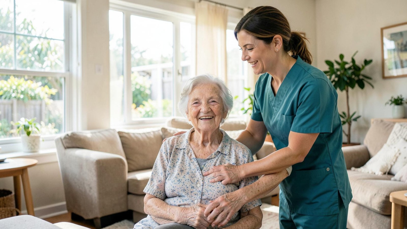 A compassionate support worker assisting a smiling woman at home